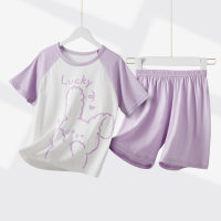 Children's short-sleeved suit pure cotton summer thin girls two-piece suit  Purple
