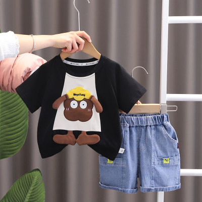 Small and medium-sized children's loose short-sleeved summer clothes children's cartoon cute round neck casual T-shirt boys' children's clothing two-piece set 2024