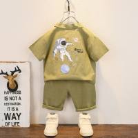 Children's clothing children's suit boys and girls children's solid color little astronaut pocket shirt short-sleeved shorts summer trend two-piece suit  Green