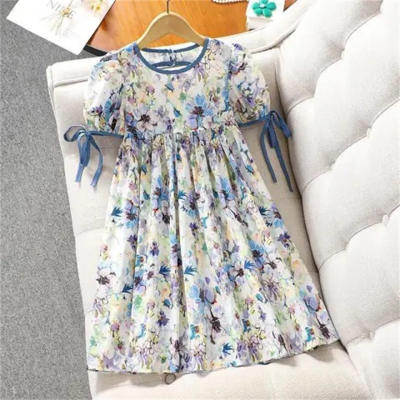 Girls' stylish backless dress, sweet and fashionable girl's floral short-sleeved princess dress