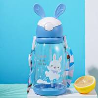 Deer horn rabbit ear water cup straw cup cartoon children's plastic cup with strap portable large capacity outdoor cup  Blue