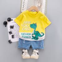 Children's clothing children's suit boys and girls children's dinosaur letter print short-sleeved denim shorts toddler summer color matching two-piece suit  Yellow