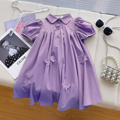 Girls Dress Puff Sleeve Summer Style 2024 New Style Polo Collar Casual Skirt for Medium and Large Children