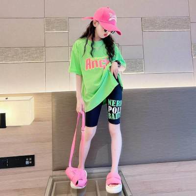 Girls short-sleeved T-shirt suit summer Korean style fashionable girl printed letter five-point shorts two-piece set children's clothing