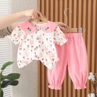 Foreign trade new style girls summer clothes bunny cardigan short-sleeved suit summer children's casual baby girl nine-point pants two-piece suit  Pink