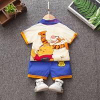 Children's clothing children's suit boys and girls children's Tigger cartoon bear lapel color matching short-sleeved shorts baby two-piece suit  Blue
