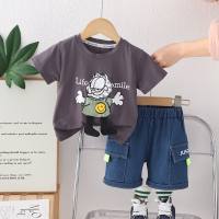 New summer style for small and medium-sized children, fashionable and stylish fat cat short-sleeved suit, trendy boys' casual short-sleeved suit  Gray
