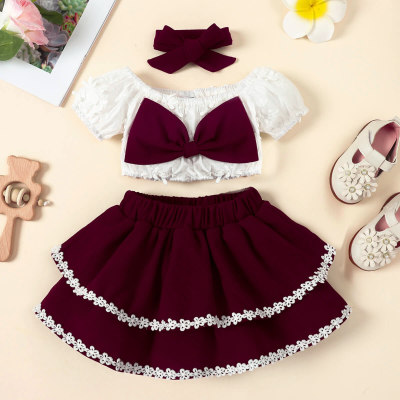 Baby Bowknot Decor  Off The Shoulder Blouse & Cupcake Dress With Headband