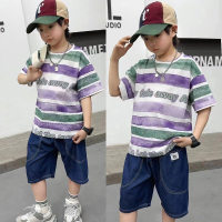 Boys summer suit children's summer short-sleeved denim shorts street boy fashionable two-piece suit  Purple