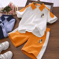 Medium and large children's casual short-sleeved T-shirt POLO shirt all-match sports suit 2024 summer style boys color matching two-piece set  Orange