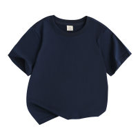 Camiseta de manga corta absorbente de sudor de color sólido de algodón puro con cuello redondo suelto para niños  Azul marino