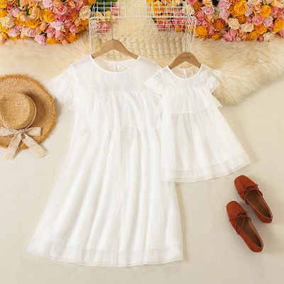 Mom Baby Clothes Solid Color Lace Ruffled Sleeve Dress