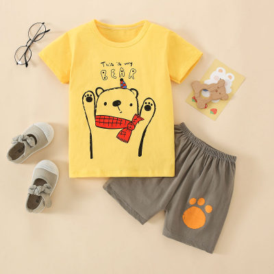 Camiseta de manga corta con estampado de letras y osos de algodón puro para niños pequeños de 2 piezas y pantalones cortos a juego
