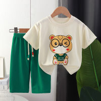 Children's summer waffle short-sleeved cropped pants suit baby half-sleeved summer clothes half-length pants two-piece suit  Green