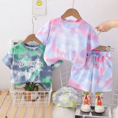 New summer style for small and medium children, comfortable and fashionable tie-dye letter five-pointed star short-sleeved suit for boys and girls summer short-sleeved suit