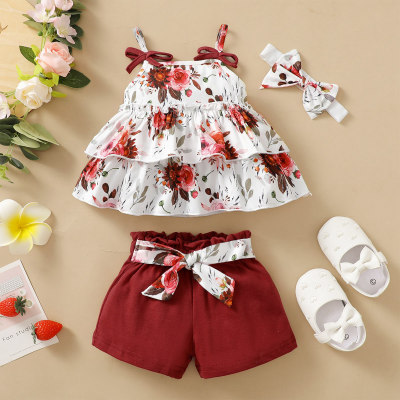 Camisola com babados estampado floral bebê menina de 3 peças e shorts com decoração de laço e lenço de cabeça combinando