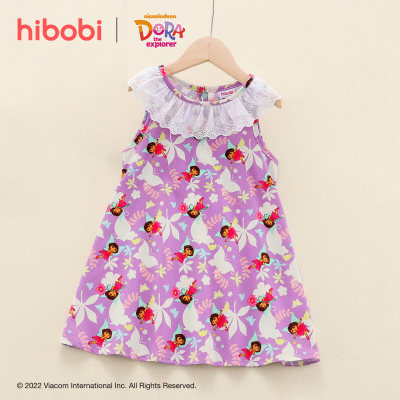 Hibobi x Dora - Vestido con volantes y bordado de dibujos animados para niñas pequeñas