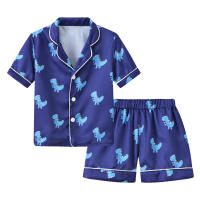 Children's home clothes summer new children's pajamas short-sleeved shorts suit boys and girls baby air-conditioning clothes cardigan thin section  Navy Blue
