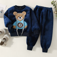 Toddler Boy Bear Pattern Coral Fleece Long Sleeve Suit  Navy Blue