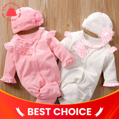 Baby Sweet Ruffle Lace Long-sleeve Jumpsuit With Hat