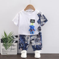 Foreign trade summer children's clothing bear pendant boys Korean casual two-piece set 0-5 years old 4 shorts summer children's suit  White