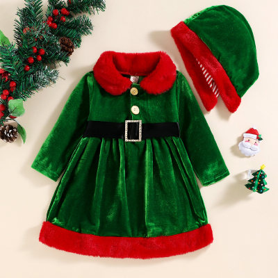 Toddler Girl Christmas Hooded Long Sleeve Pleuche Dress With Belt