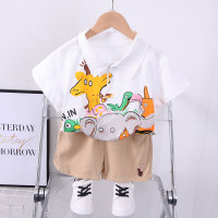 2-piece Toddler Boy Pure Cotton Cartoon Animal Printed Short Sleeve Polo Shirt & Solid Color Shorts  White