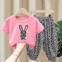 Children's suits for boys and girls, summer thin baby short-sleeved T-shirt tops, anti-mosquito pants, two-piece set, trendy sports children's clothing  Pink