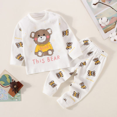 Set pigiama a maniche lunghe con motivo a lettera e orso in puro cotone da bambino in 2 pezzi