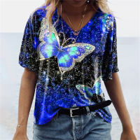 T-shirt imprimé papillon à manches courtes pour femmes  Bleu