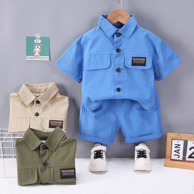 Summer new shirt 2023 boys solid color short-sleeved suit children's clothing children's overalls casual pants shirt two-piece set