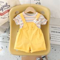 Neue Sommer-Kurzarm-Anzüge für kleine und mittelgroße Kindermädchen mit dreidimensionalen Hasenköpfen und Hosenträgern für Mädchen und Kleinkinder  Gelb