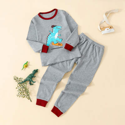 2-piece Kid 100% Cotton Color-block Dinosaur Printed Long Sleeve Top & Color-block Pants