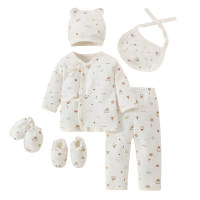 6pcs Baby Bear Printed Lace-up Top & Pants & Hat & Anti-scratch Gloves & Socks & Bib  Coffee