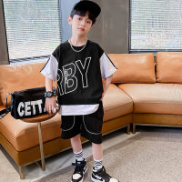 Boys summer suit 2024 summer new style boys short-sleeved sports two-piece set medium and large children's trendy and handsome basketball uniforms  Black