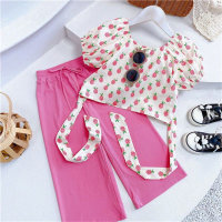 ملابس الصيف للفتيات 2 قميص فضفاض بأكمام قصيرة على الطراز الكوري سروال عالي الخصر للأطفال ذو أرجل واسعة بدلة من قطعتين  وردي 
