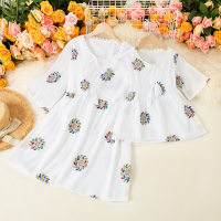Mom Baby Clothes Elegant Floral Print Short Sleeve Dress  White
