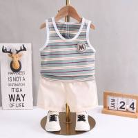 Summer fashion children's clothing suit sleeveless striped top shorts casual two-piece suit toddler clothing boy baby suit  Beige