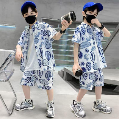 Fashion new summer suit popular two-piece men's summer cardigan new ins children's clothing short sleeve + shorts trendy art
