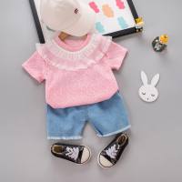 Summer new style girls hollow lace short-sleeved suit baby girl casual denim shorts two-piece set dropshipping  Pink
