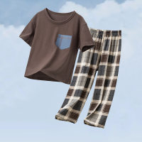 Pyjama d'été en coton pour garçons, manches courtes, vêtements fins Parent-enfant, vêtements de maison  café