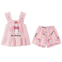 Meninas colete suspensórios arco pijamas menina impressão princesa crianças verão fino sem mangas conjunto de roupas para casa  Rosa