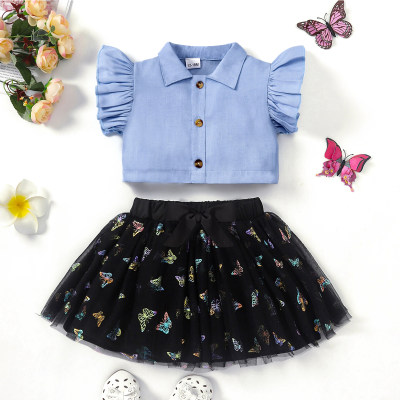 Camisa y falda con decoración de nudo de lazo de mariposa dulce para niña pequeña