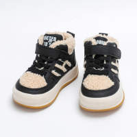 Toddler Plush Patchwork Non-slip Fleece-lined High-top Velcro Sneakers  Black