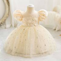 New children's host dress flower girl evening dress puff sleeve princess dress tulle skirt  Champagne