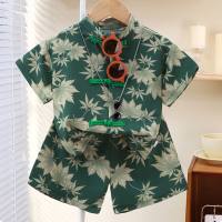 Children's summer new style boys and girls cool and handsome clothes children's casual shirt short-sleeved suit  Deep Green