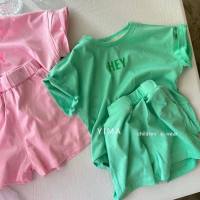 Summer suits for boys and girls 2024 new letter casual clothes ins short-sleeved T-shirt shorts fresh clothes two-piece set  Green