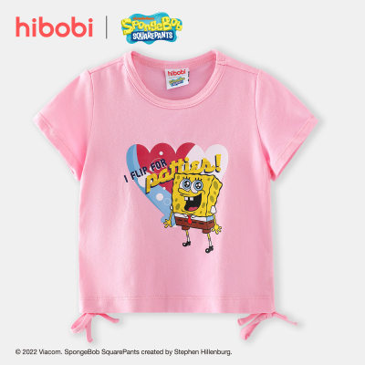 Hibobi x Bob Esponja Camiseta de decoración de nudo de lazo con estampado informal para niñas pequeñas