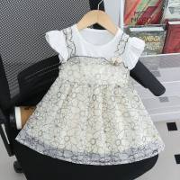 2024 summer new style girls dress short-sleeved princess dress baby girl sling fake two-piece dress  Gray