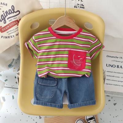 Summer outerwear for infants and young children fashionable striped expression pocket short-sleeved thin suit trendy boy summer suit